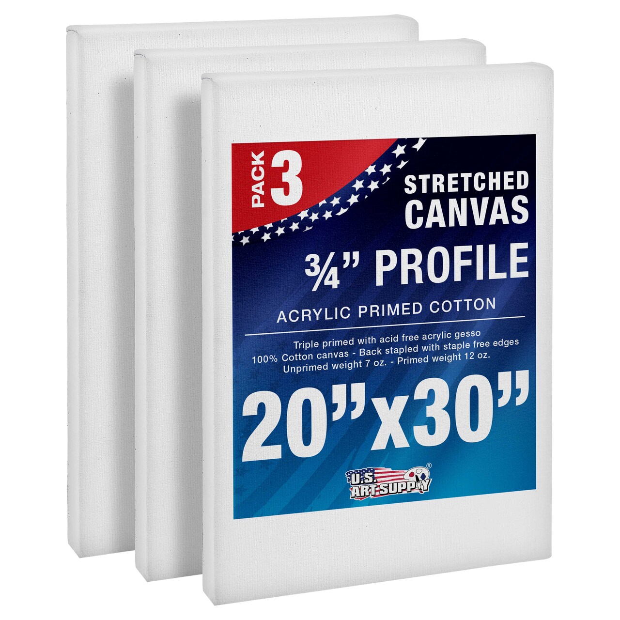 20 x 30 inch Stretched Canvas 12-Ounce Triple Primed, 3-Pack - Professional Artist Quality White Blank 3/4" Profile, 100% Cotton, Heavy-Weight Gesso